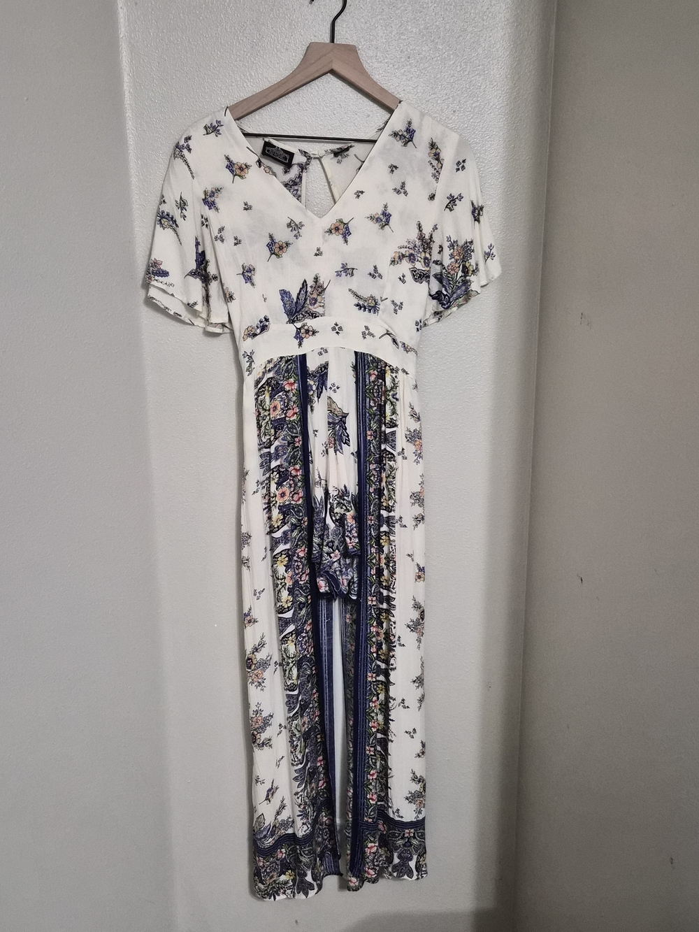 Angie Cream Maxi Dress with Blue and Pink Floral Print